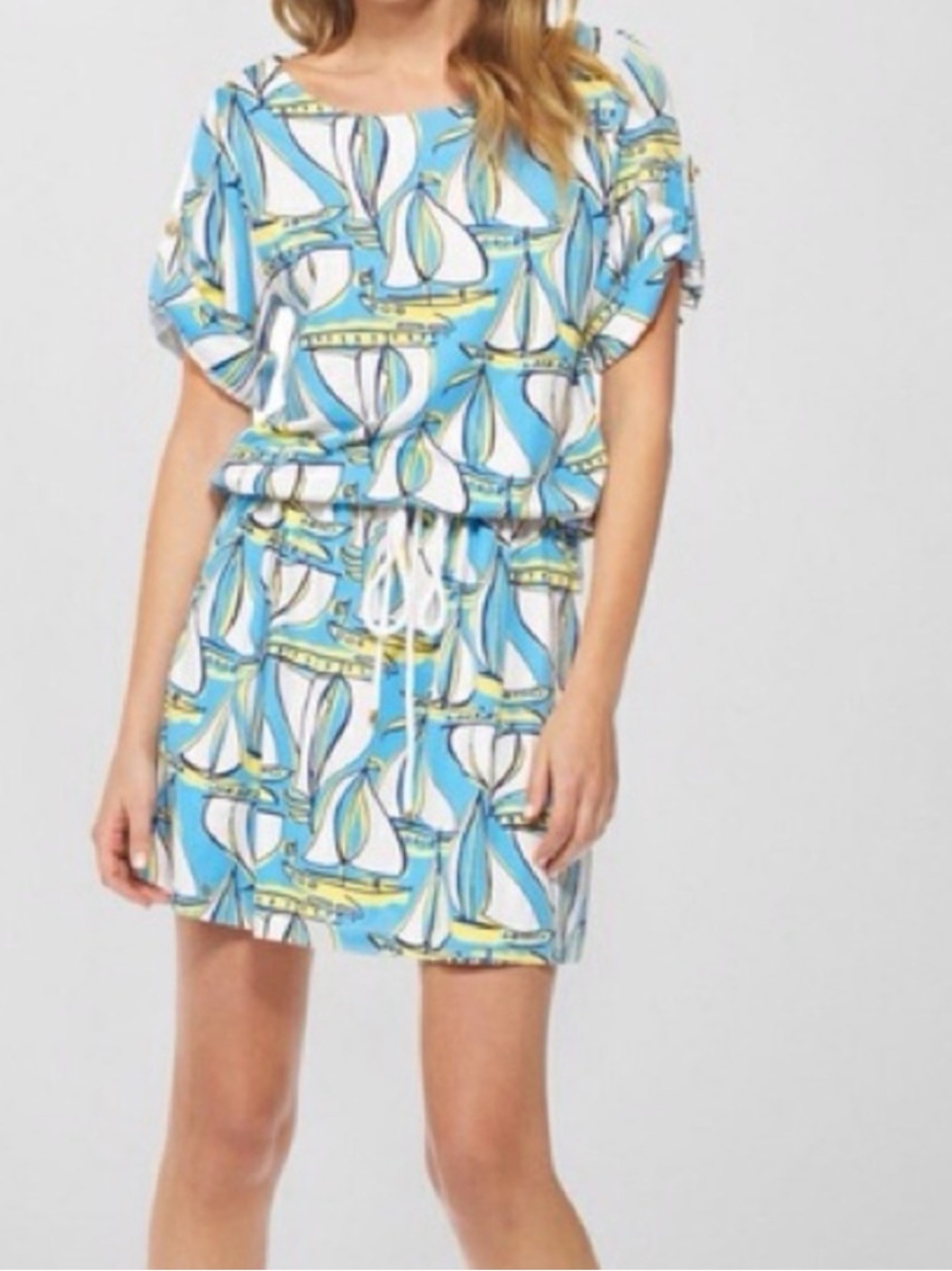 Lilly Pulitzer Raquel Dress in Docksider Blue Yellow Sailboat Pattern - XS